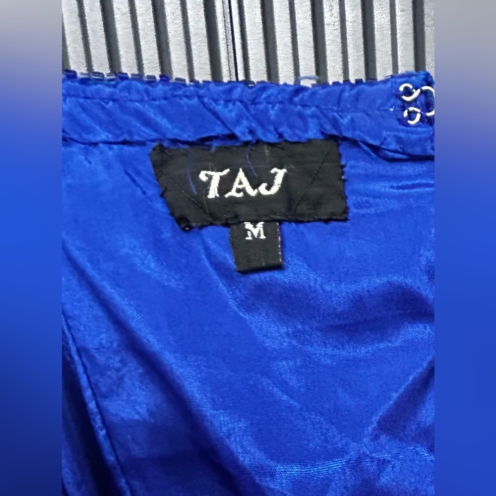 Womens Vintage TAJ Designer Sequin 70s Hand Crafted Blue Gold Strap Dress Medium - Picture 5 of 5